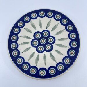 vintage boleslawiec polish pottery trivet "peacock" pattern handcrafted 6 1/2"
